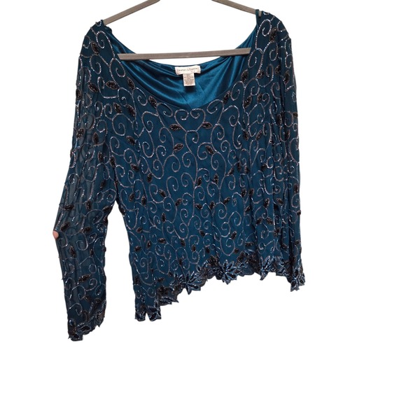 Vintage 90s  Holiday Draper's & Damon's Teal Beaded Top Plus Size 22W Evening - Picture 1 of 5